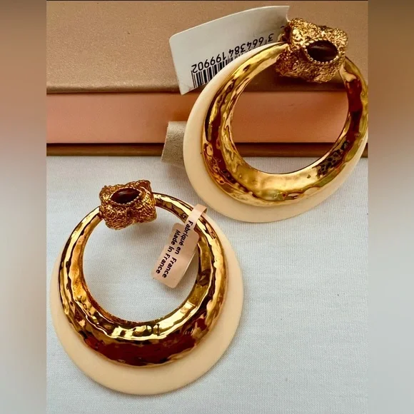 Gas Bijoux Authentic Meknes 24KGold Plated Hoop Earrings Marquise Glass Cabochon